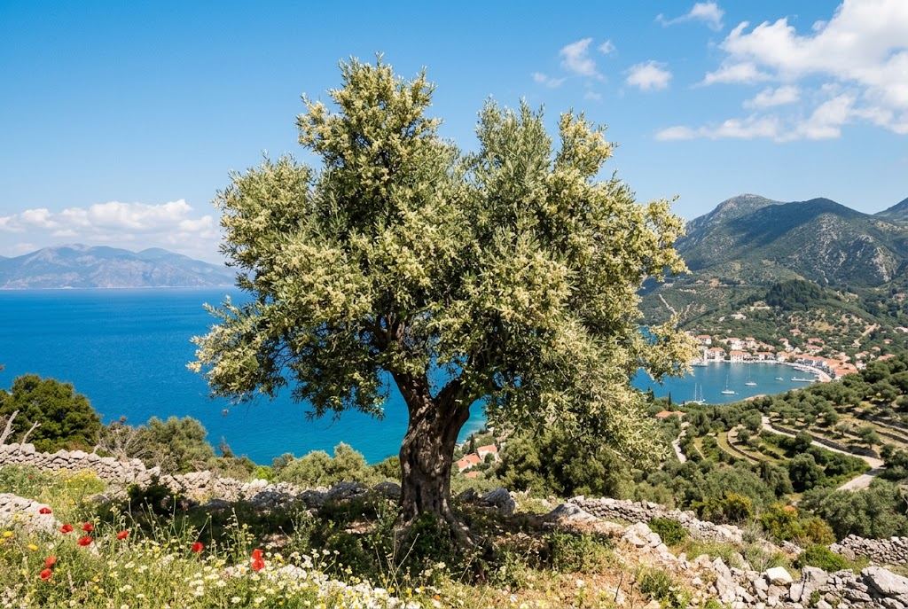 Ανθισμένη ελιά σε πετρώδη πλαγιά πάνω από τη θάλασσα, με λιμανάκι και βουνά στο βάθος.